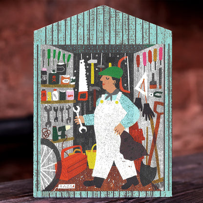 Man in Shed Die Cut Card