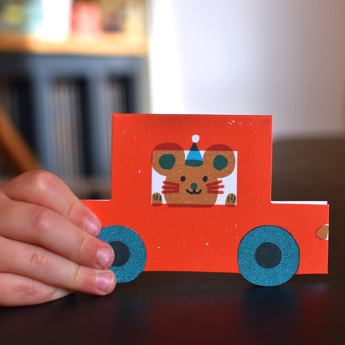 Party Mouse Little Red Car Die Cut Card