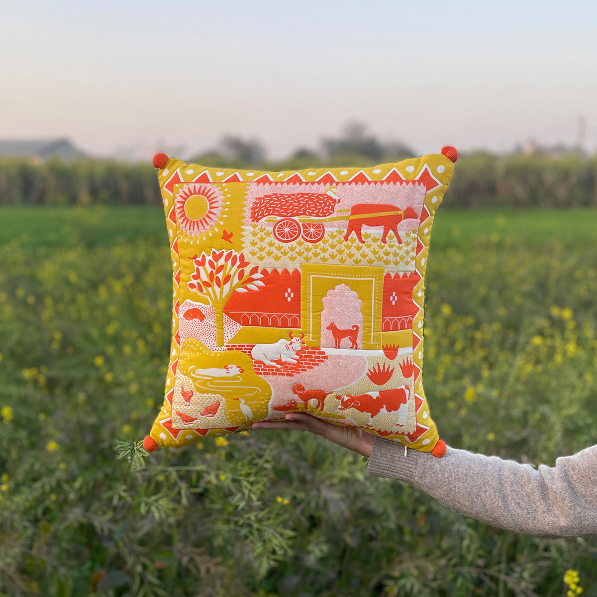 Farm Life Pom Pom Cushion Cover